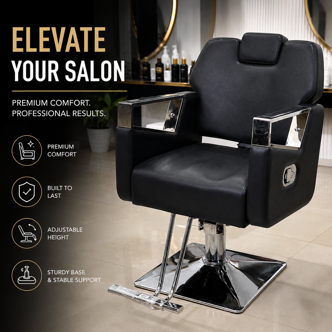 Professional Hydraulic Barber Chair with Premium PU Leather, Reclining Backrest & Chrome Armrests | VYBEÂ®