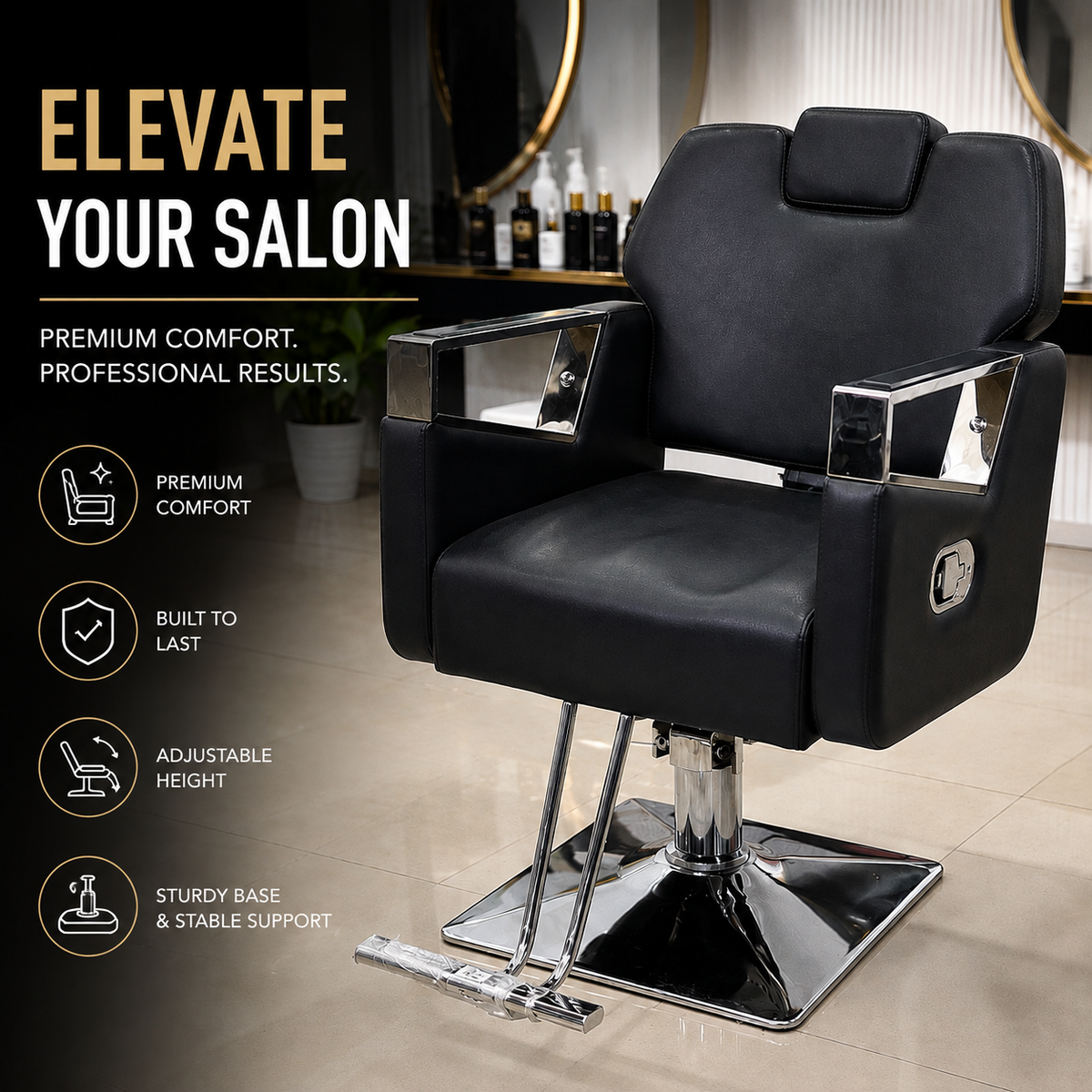 Professional Hydraulic Barber Chair with Premium PU Leather, Reclining Backrest & Chrome Armrests | VYBEÂ®