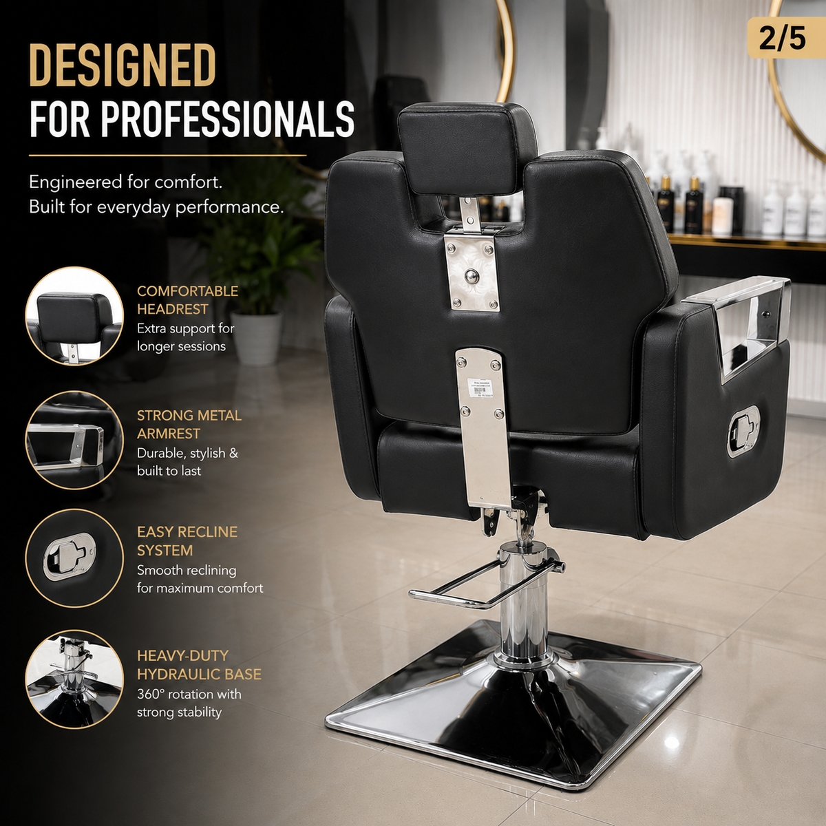 Professional Hydraulic Barber Chair with Premium PU Leather, Reclining Backrest & Chrome Armrests | VYBEÂ®
