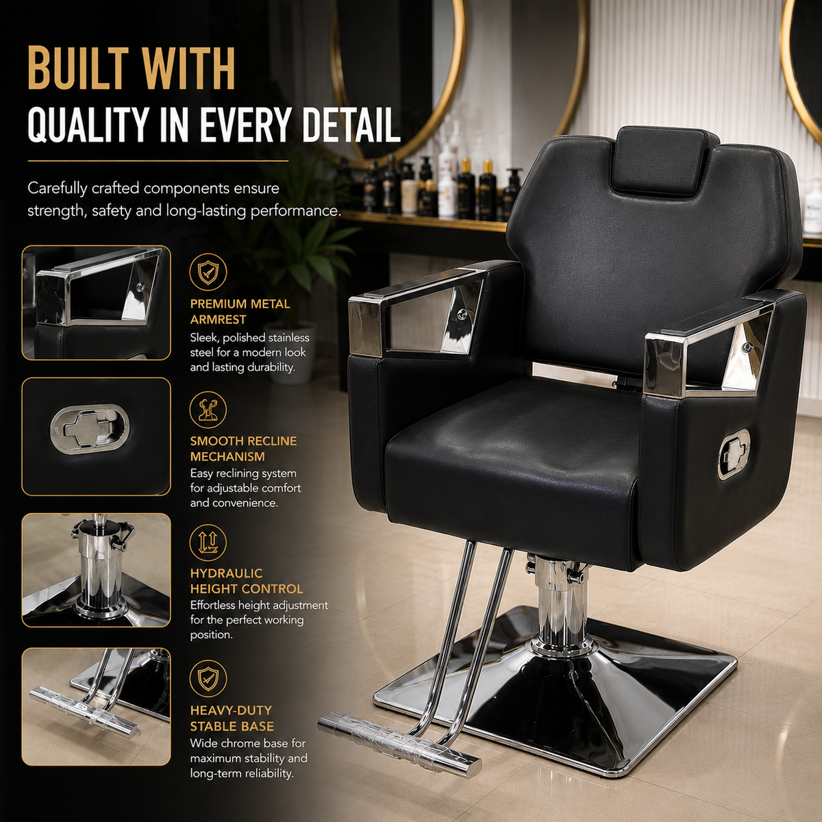 Professional Hydraulic Barber Chair with Premium PU Leather, Reclining Backrest & Chrome Armrests | VYBEÂ®