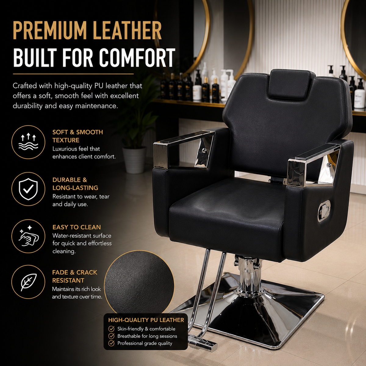 Professional Hydraulic Barber Chair with Premium PU Leather, Reclining Backrest & Chrome Armrests | VYBEÂ®