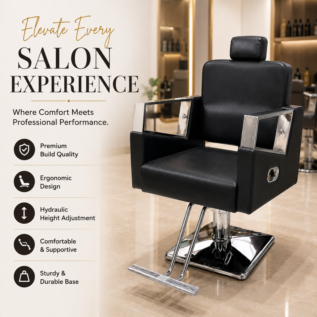 Premium Hydraulic Reclining Barber Chair with Chrome Armrests & Heavy-Duty Square Base for Salon | VYBEÂ®
