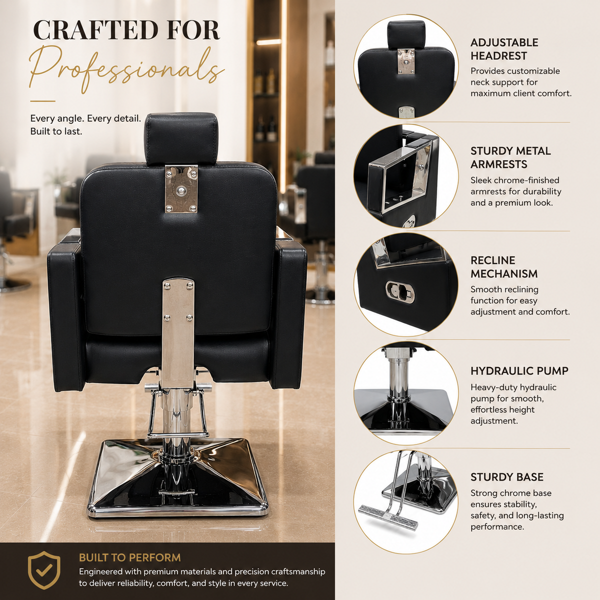 Premium Hydraulic Reclining Barber Chair with Chrome Armrests & Heavy-Duty Square Base for Salon | VYBEÂ®