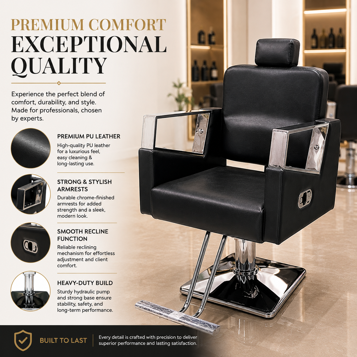 Premium Hydraulic Reclining Barber Chair with Chrome Armrests & Heavy-Duty Square Base for Salon | VYBEÂ®