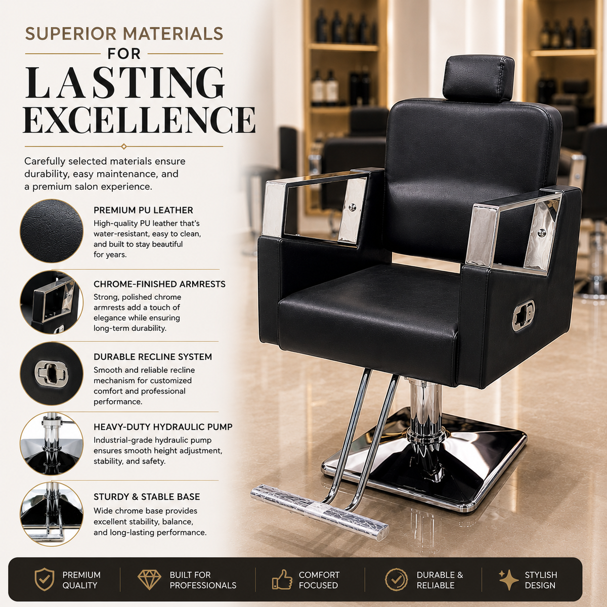 Premium Hydraulic Reclining Barber Chair with Chrome Armrests & Heavy-Duty Square Base for Salon | VYBEÂ®