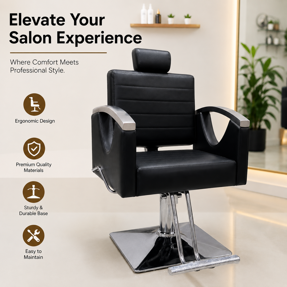 Professional Hydraulic Salon Styling Chair with Adjustable Headrest & Square Chrome Base | VYBEÂ®