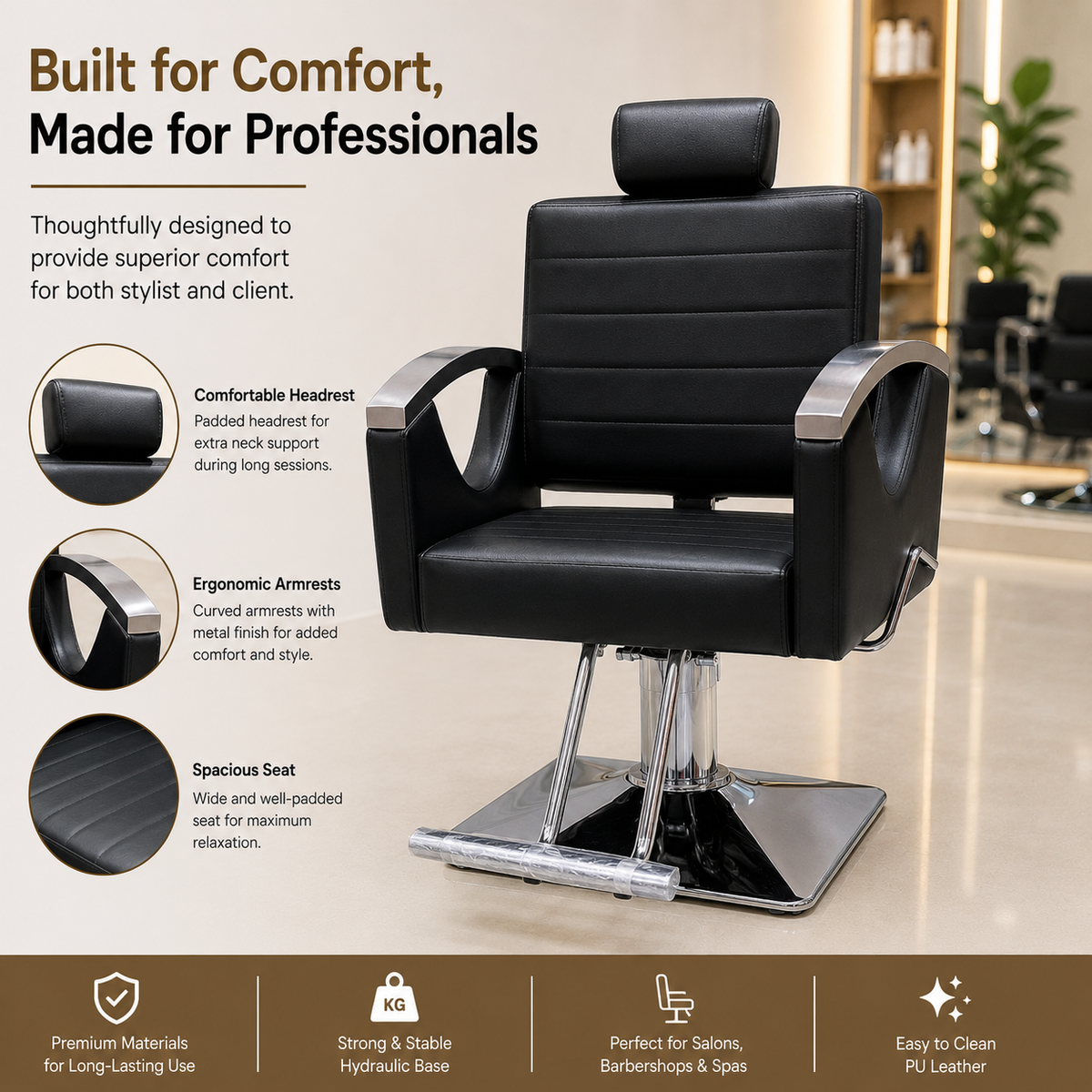 Professional Hydraulic Salon Styling Chair with Adjustable Headrest & Square Chrome Base | VYBEÂ®
