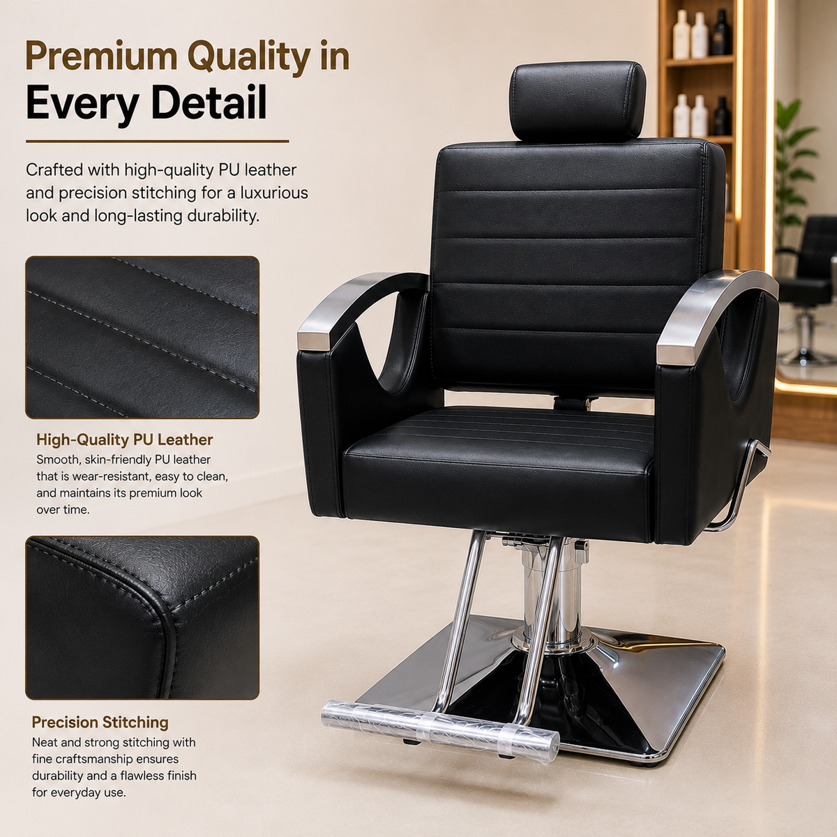 Professional Hydraulic Salon Styling Chair with Adjustable Headrest & Square Chrome Base | VYBEÂ®