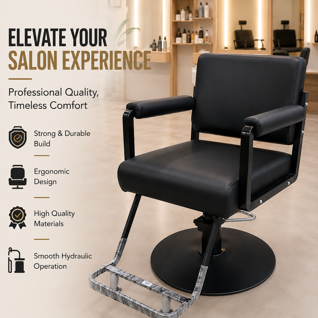Professional Hydraulic Salon Styling Chair with Wide Backrest & Padded Armrests for Hair Salon, Barber Shop & Spa | VYBEÂ®