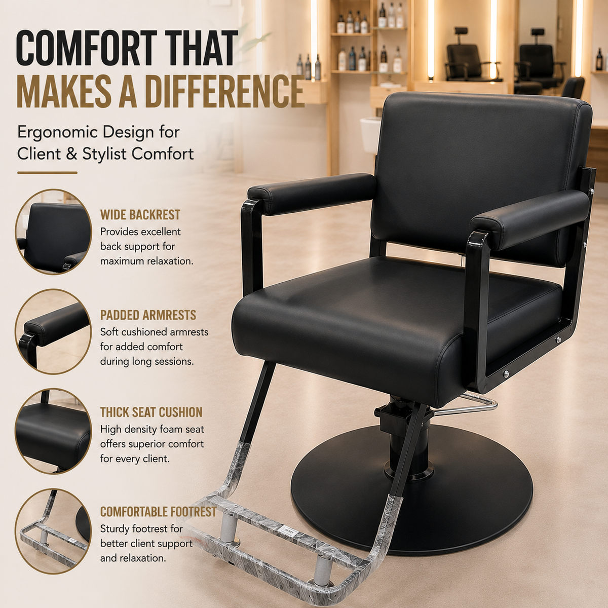 Professional Hydraulic Salon Styling Chair with Wide Backrest & Padded Armrests for Hair Salon, Barber Shop & Spa | VYBEÂ®