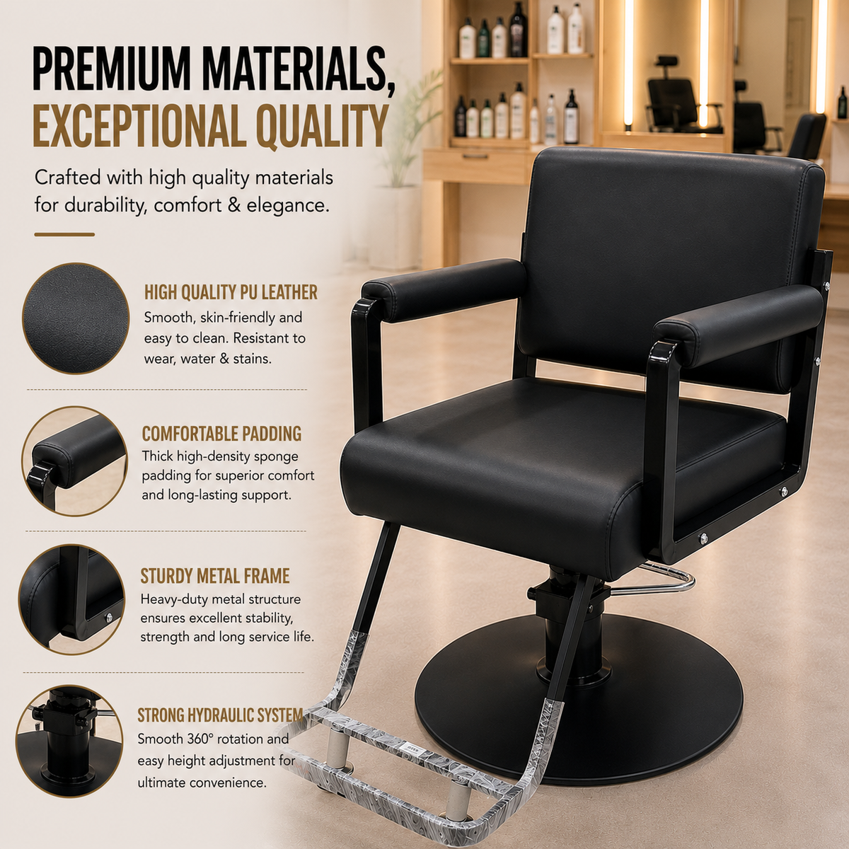 Professional Hydraulic Salon Styling Chair with Wide Backrest & Padded Armrests for Hair Salon, Barber Shop & Spa | VYBEÂ®