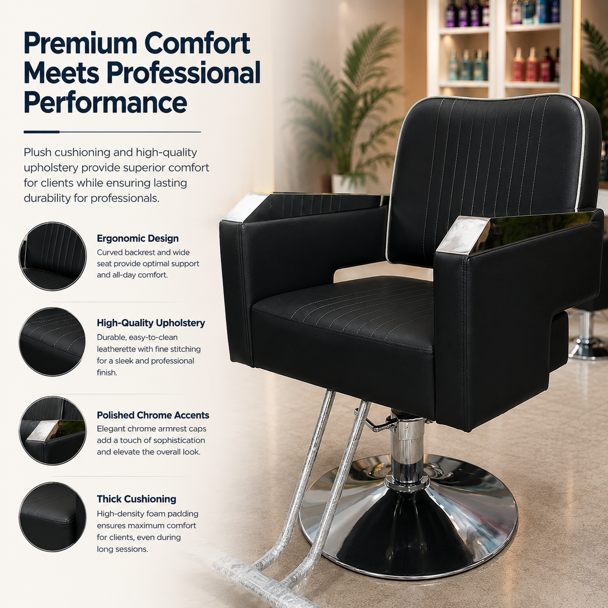Professional Hydraulic Salon Styling Chair with Adjustable Headrest, Reclining Backrest & Chrome Armrests for Hair Salon Barber Spa | VYBEÂ®