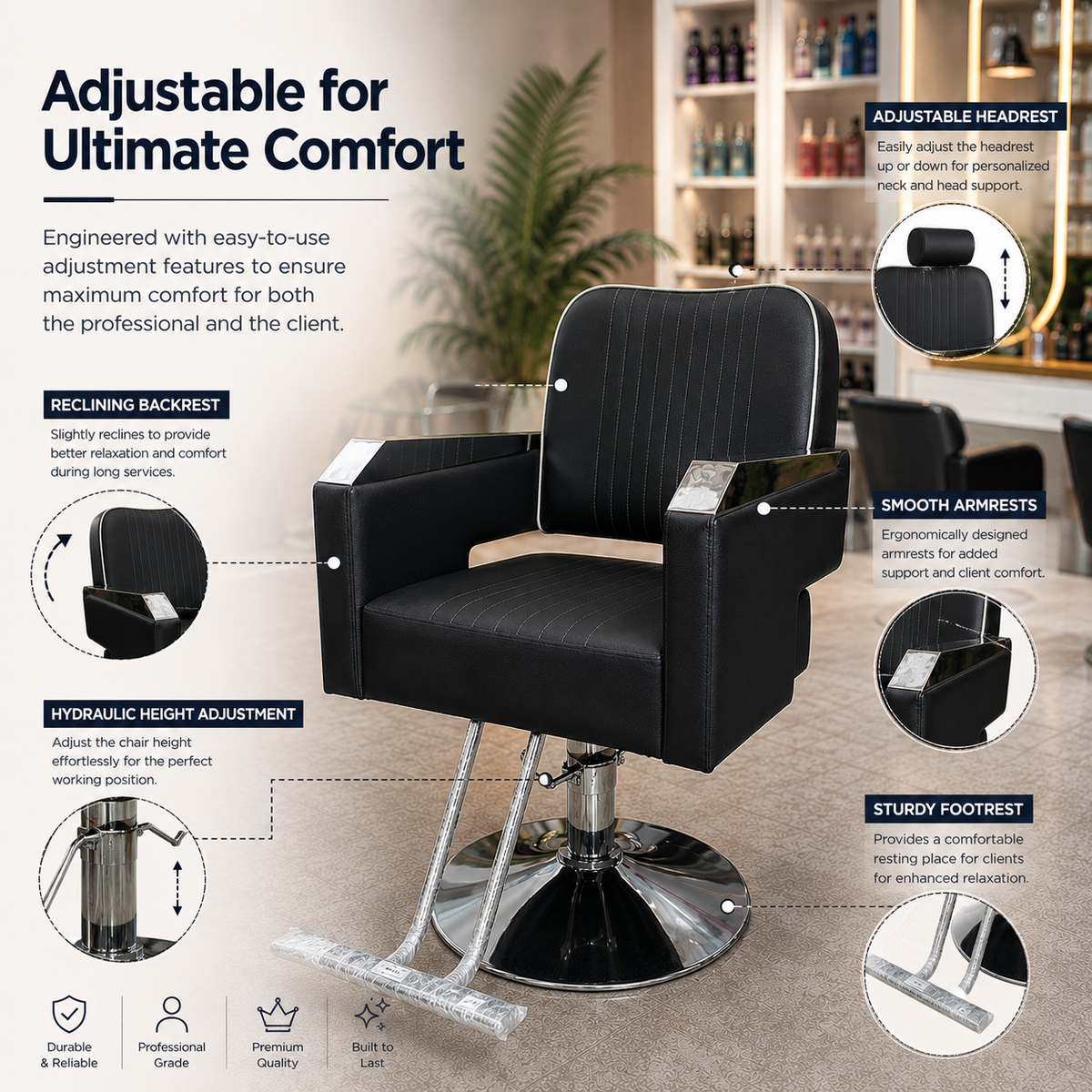 Professional Hydraulic Salon Styling Chair with Adjustable Headrest, Reclining Backrest & Chrome Armrests for Hair Salon Barber Spa | VYBEÂ®