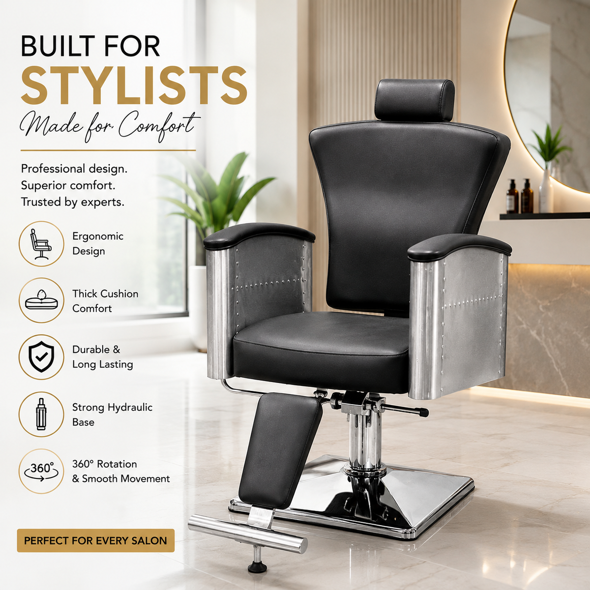 Professional Hydraulic Reclining Barber Chair with Adjustable Headrest, Heavy Duty Salon Styling Chair, Black PU Leather | VYBEÂ®