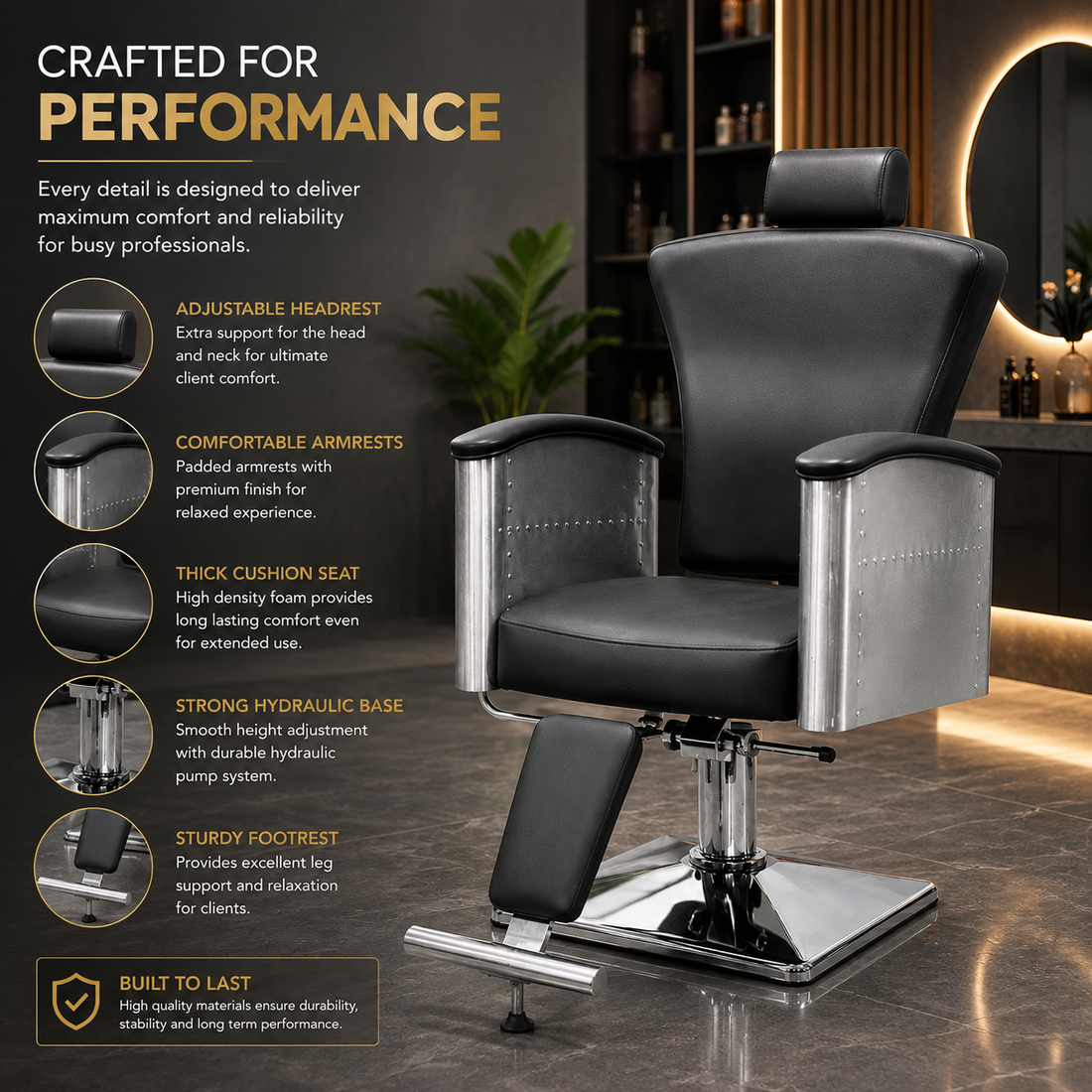 Professional Hydraulic Reclining Barber Chair with Adjustable Headrest, Heavy Duty Salon Styling Chair, Black PU Leather | VYBEÂ®