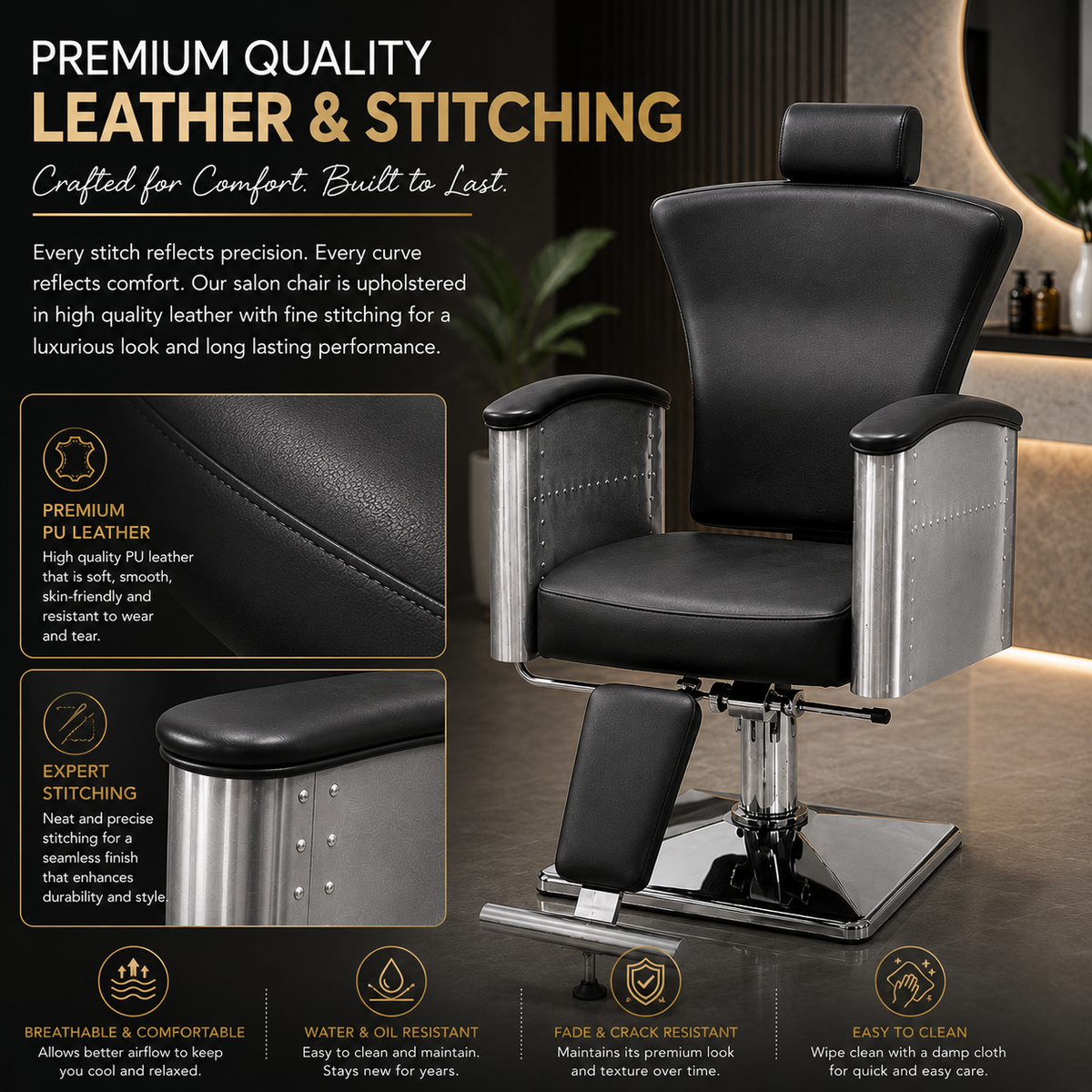 Professional Hydraulic Reclining Barber Chair with Adjustable Headrest, Heavy Duty Salon Styling Chair, Black PU Leather | VYBEÂ®