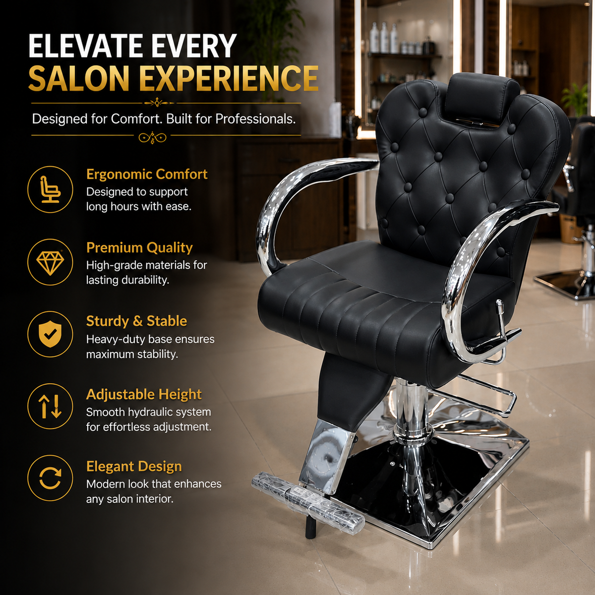 Professional Hydraulic Barber Chair with Adjustable Headrest, Reclining Backrest & Heavy-Duty Chrome Base Black | VYBEÂ®