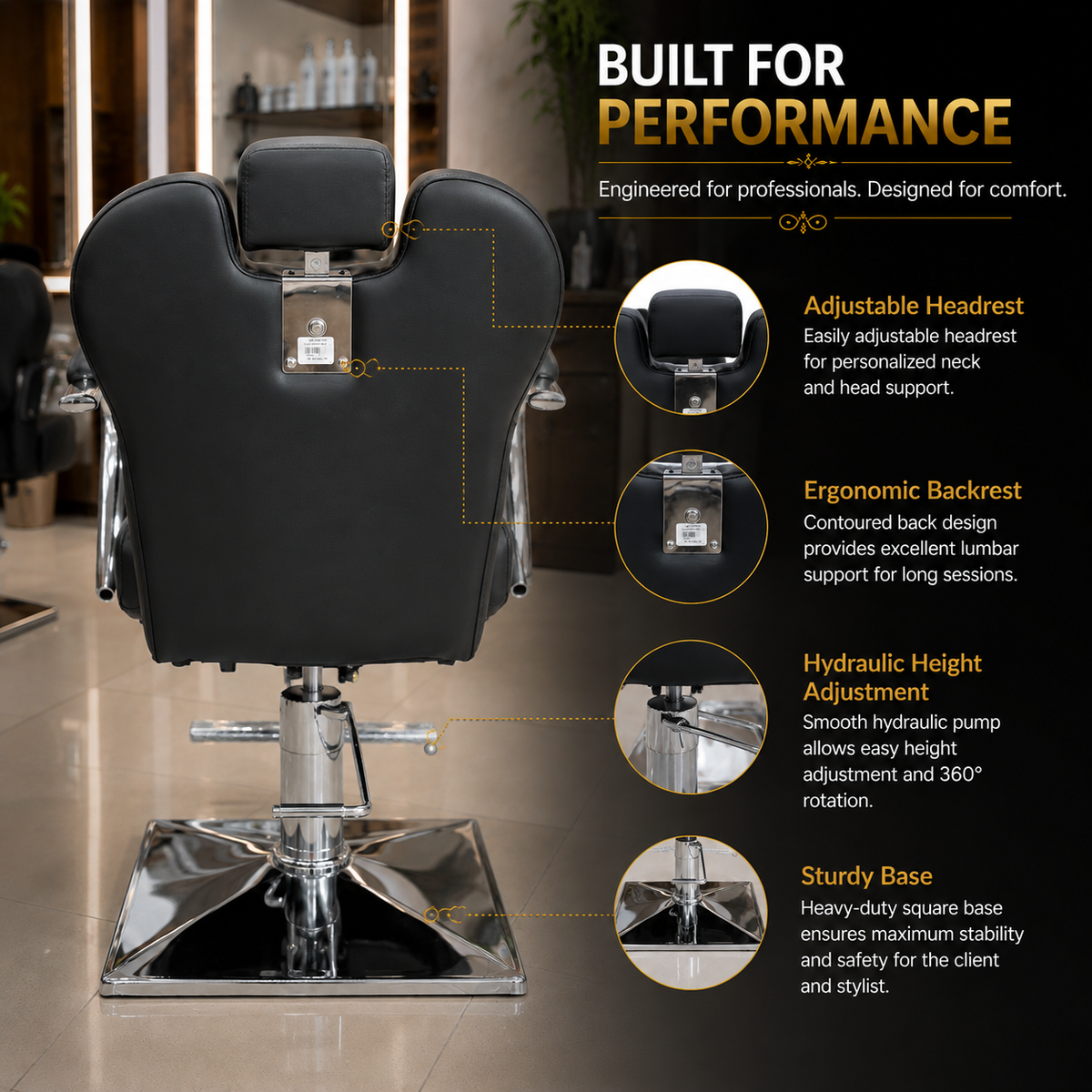 Professional Hydraulic Barber Chair with Adjustable Headrest, Reclining Backrest & Heavy-Duty Chrome Base Black | VYBEÂ®