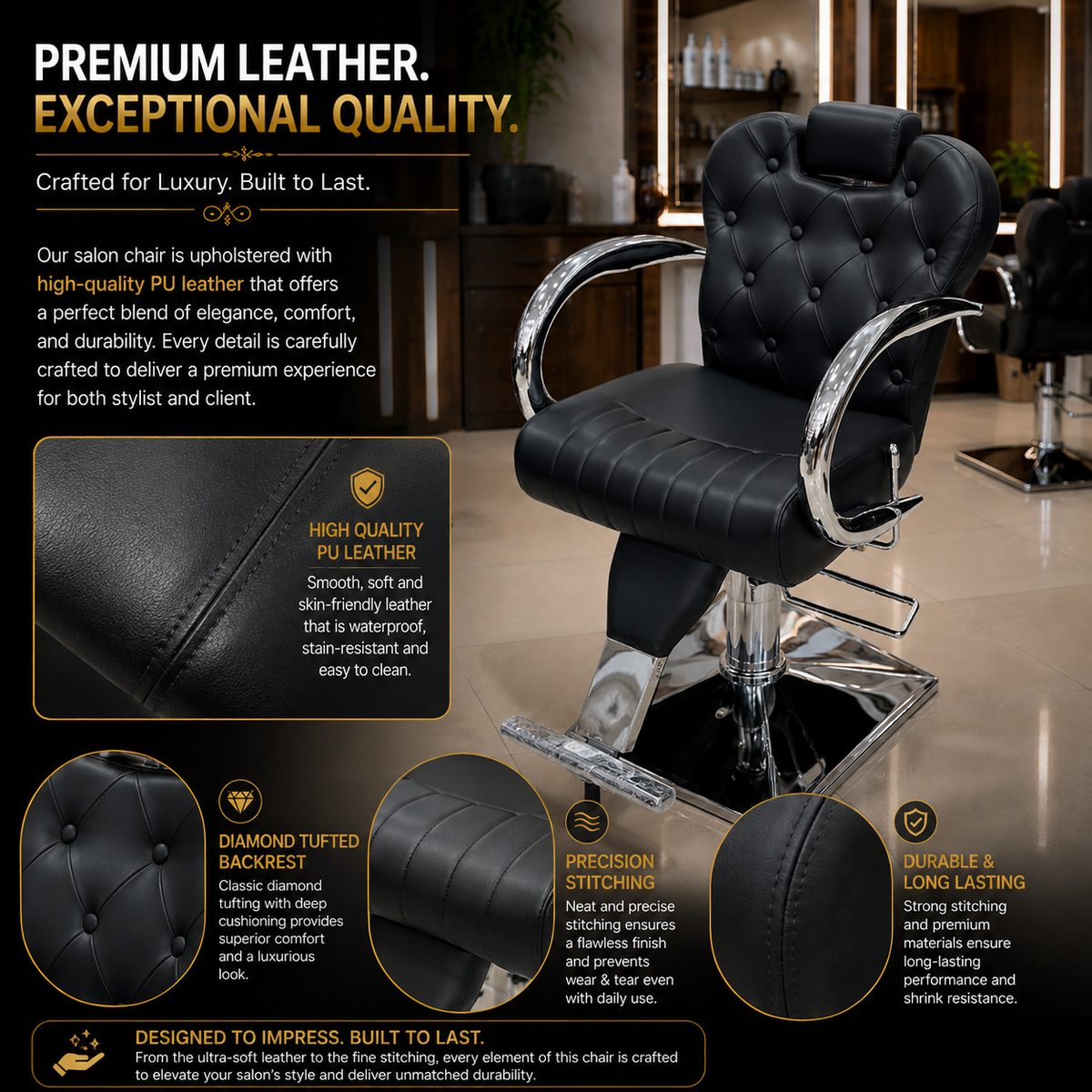 Professional Hydraulic Barber Chair with Adjustable Headrest, Reclining Backrest & Heavy-Duty Chrome Base Black | VYBEÂ®