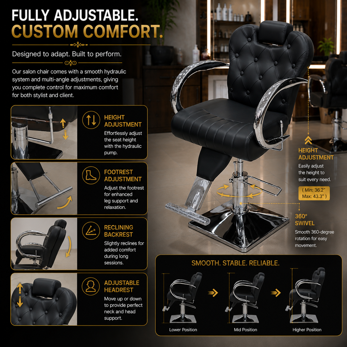 Professional Hydraulic Barber Chair with Adjustable Headrest, Reclining Backrest & Heavy-Duty Chrome Base Black | VYBEÂ®