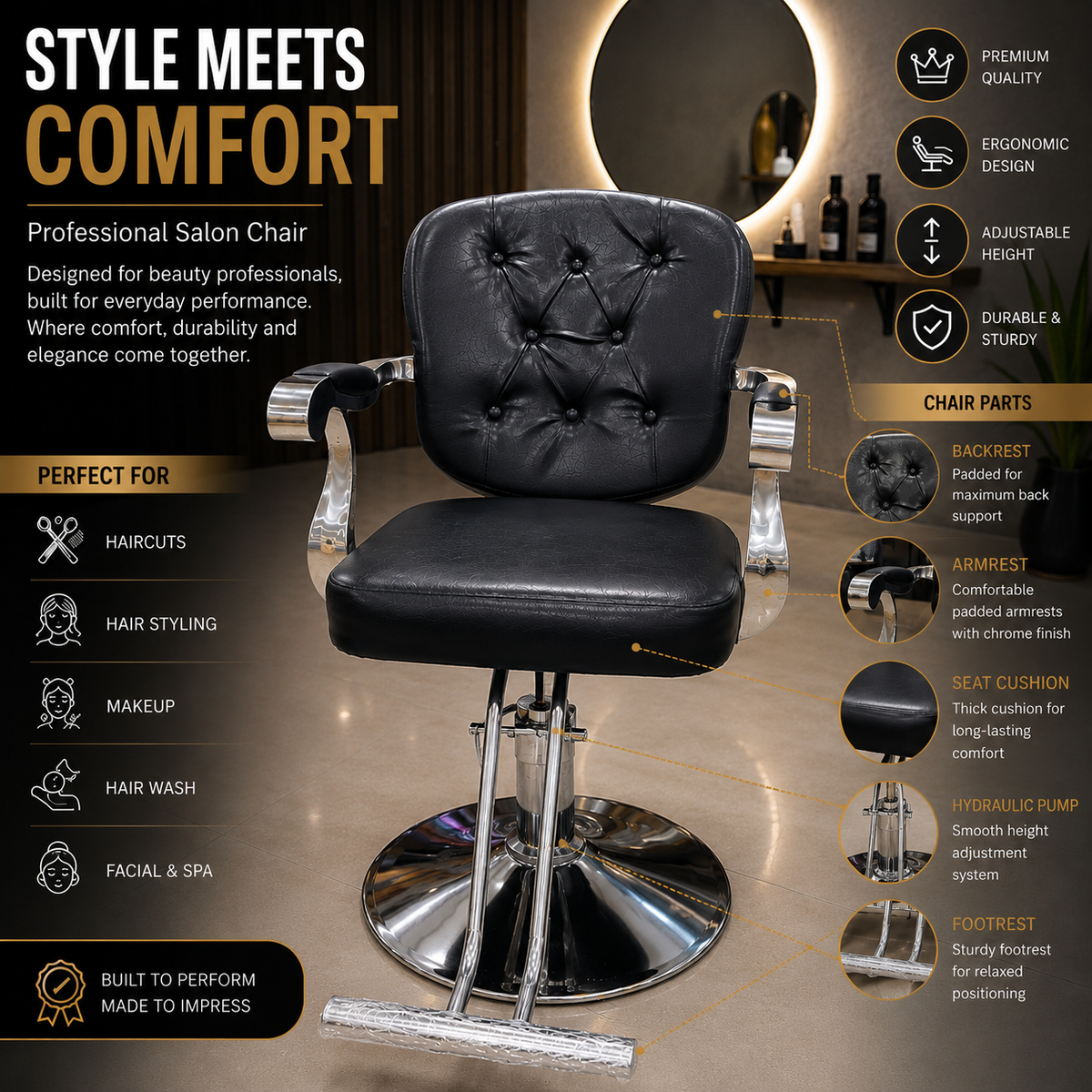 Professional Tufted Hydraulic Salon Styling Chair with Chrome Armrests & Heavy-Duty Round Base Black | VYBEÂ®