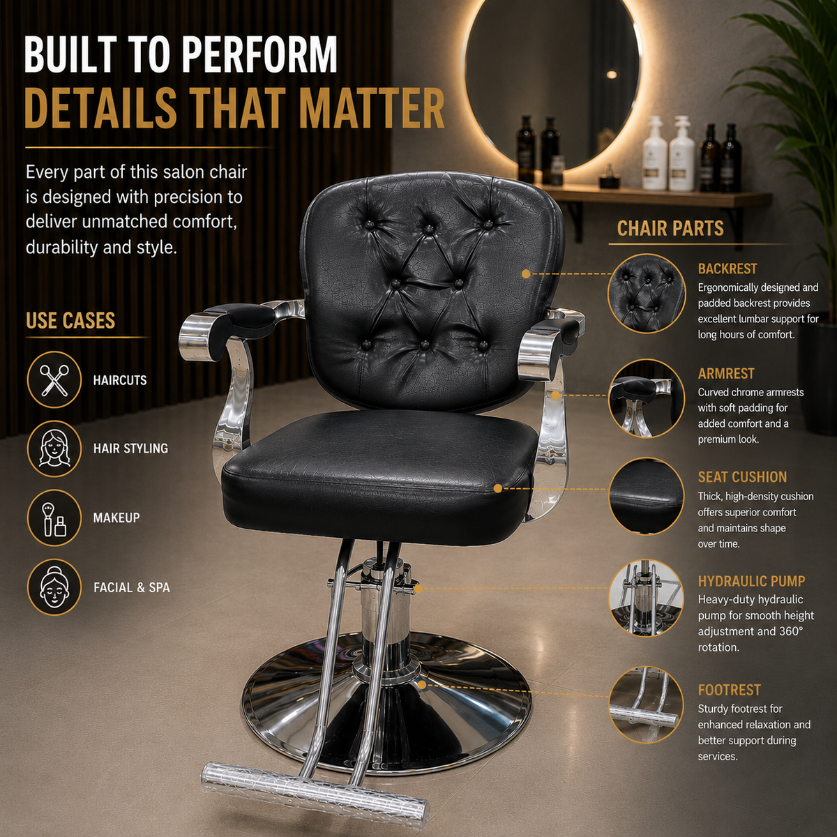 Professional Tufted Hydraulic Salon Styling Chair with Chrome Armrests & Heavy-Duty Round Base Black | VYBEÂ®
