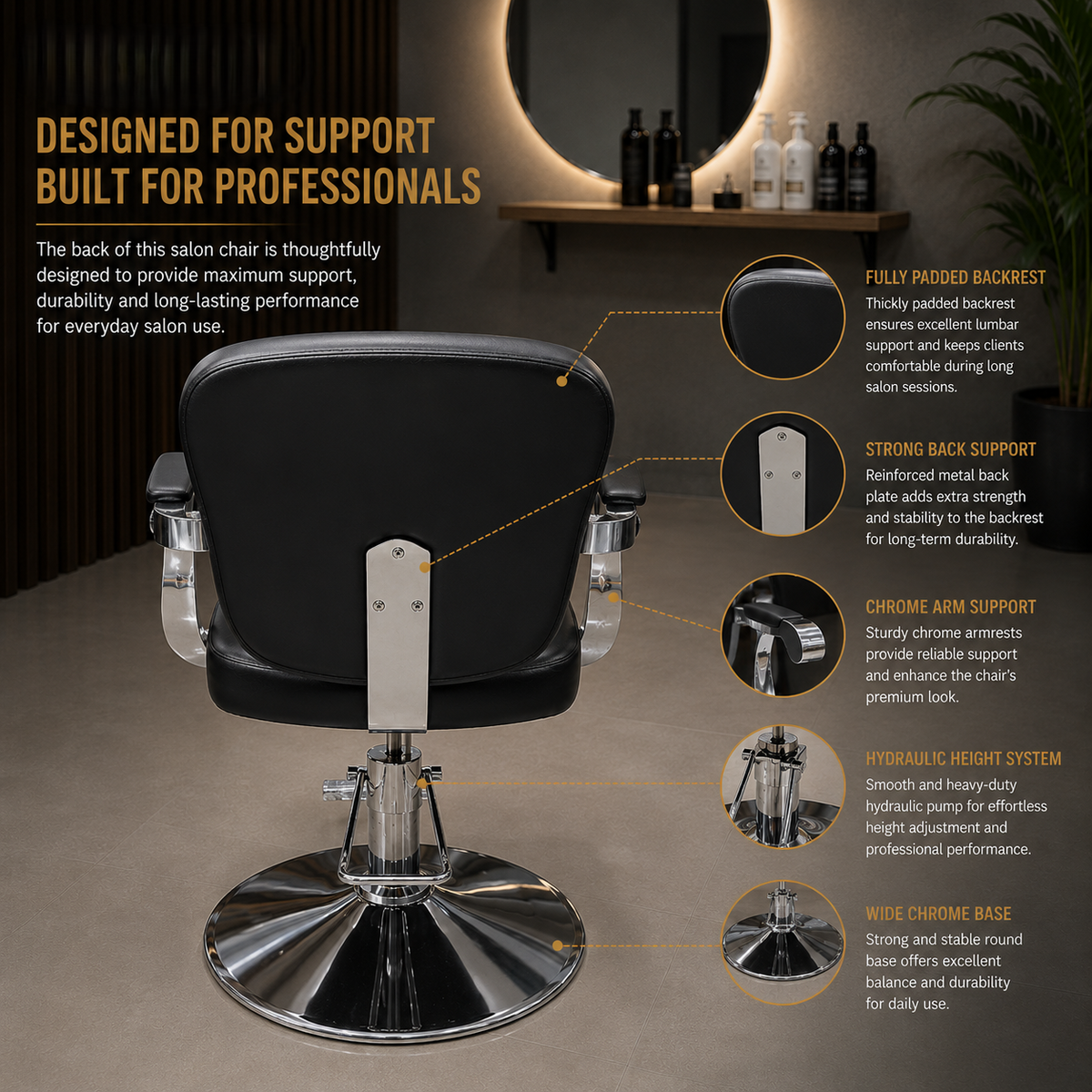 Professional Tufted Hydraulic Salon Styling Chair with Chrome Armrests & Heavy-Duty Round Base Black | VYBEÂ®