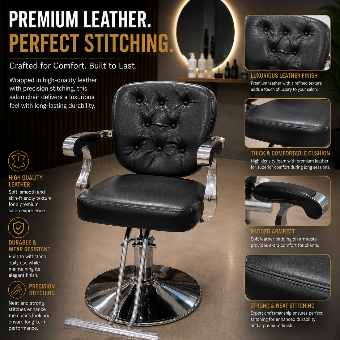 Professional Tufted Hydraulic Salon Styling Chair with Chrome Armrests & Heavy-Duty Round Base Black | VYBEÂ®