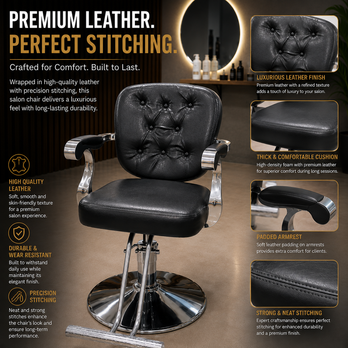 Professional Tufted Hydraulic Salon Styling Chair with Chrome Armrests & Heavy-Duty Round Base Black | VYBEÂ®