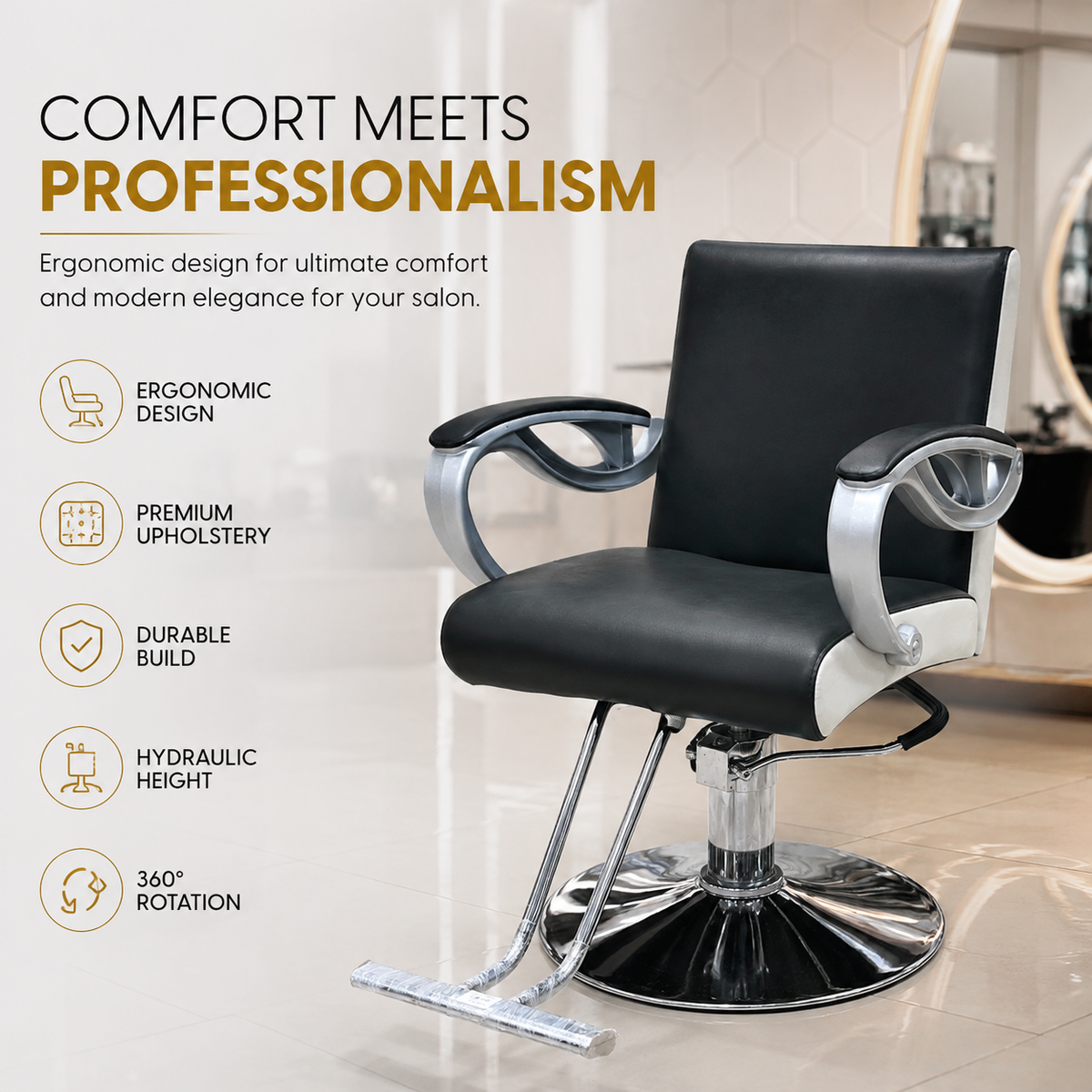 Professional Hydraulic Salon Styling Chair with Curved Chrome Armrests, Heavy-Duty Round Base & Footrest Black | VYBEÂ®