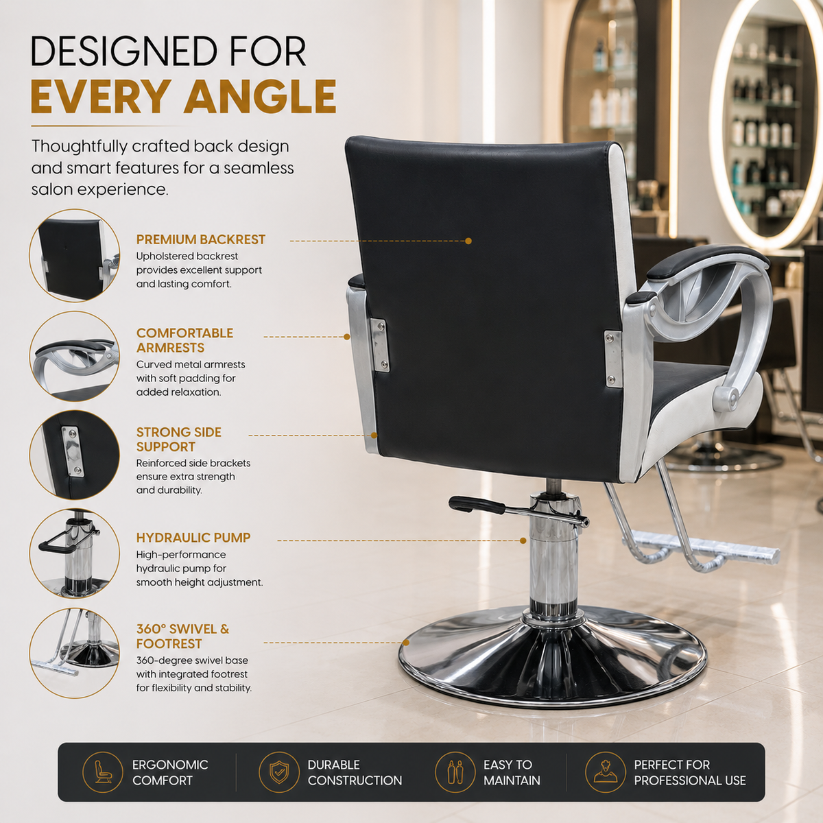 Professional Hydraulic Salon Styling Chair with Curved Chrome Armrests, Heavy-Duty Round Base & Footrest Black | VYBEÂ®