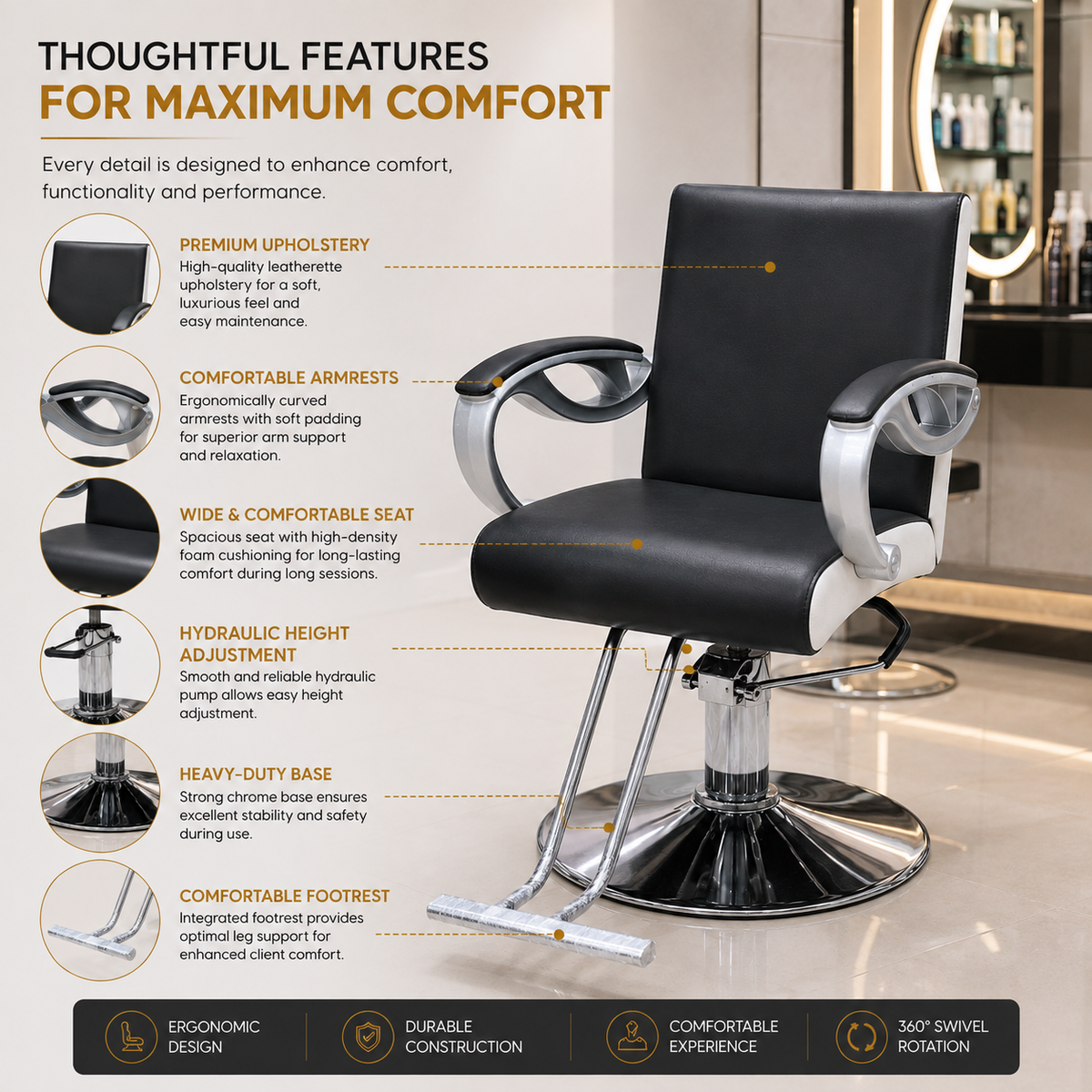 Professional Hydraulic Salon Styling Chair with Curved Chrome Armrests, Heavy-Duty Round Base & Footrest Black | VYBEÂ®