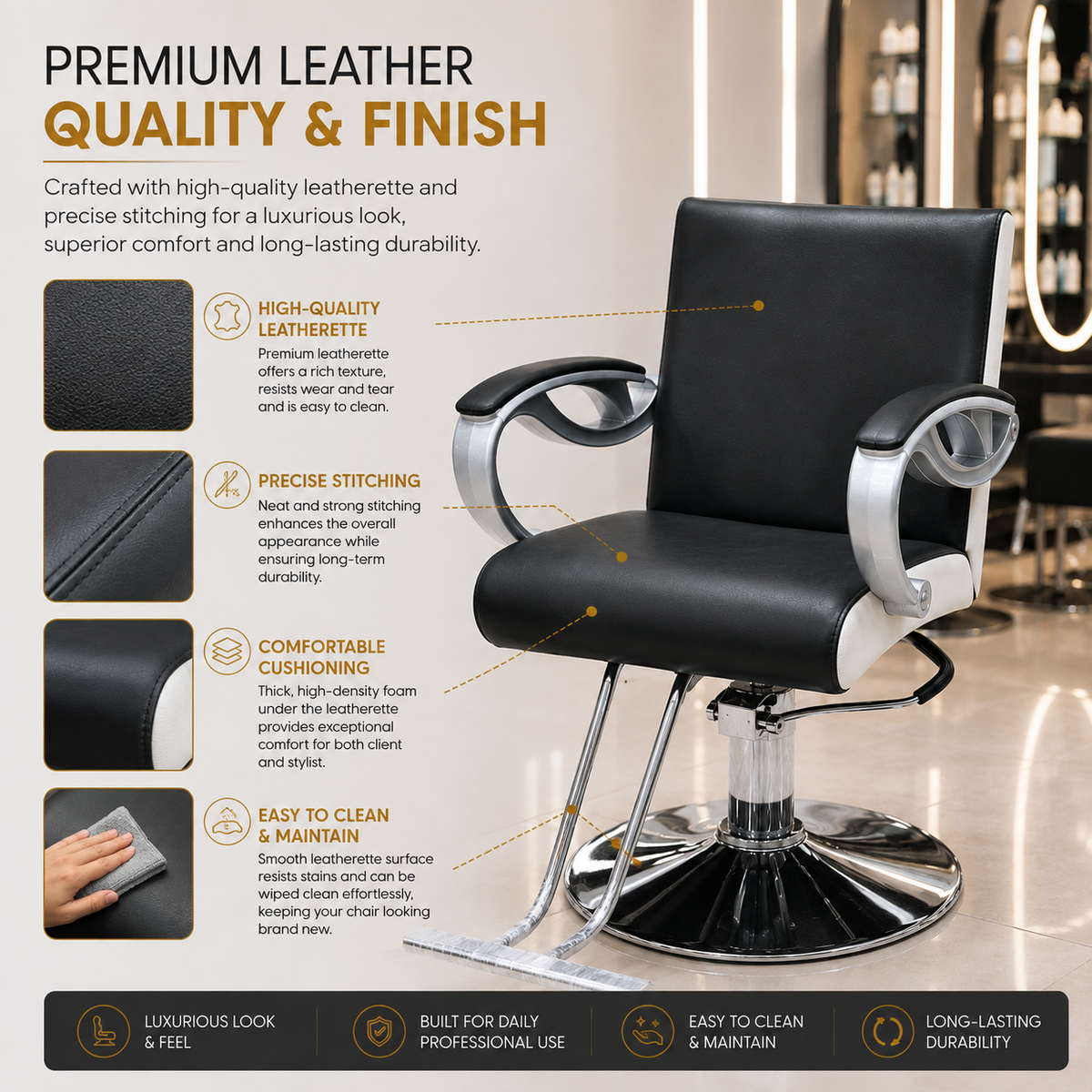 Professional Hydraulic Salon Styling Chair with Curved Chrome Armrests, Heavy-Duty Round Base & Footrest Black | VYBEÂ®