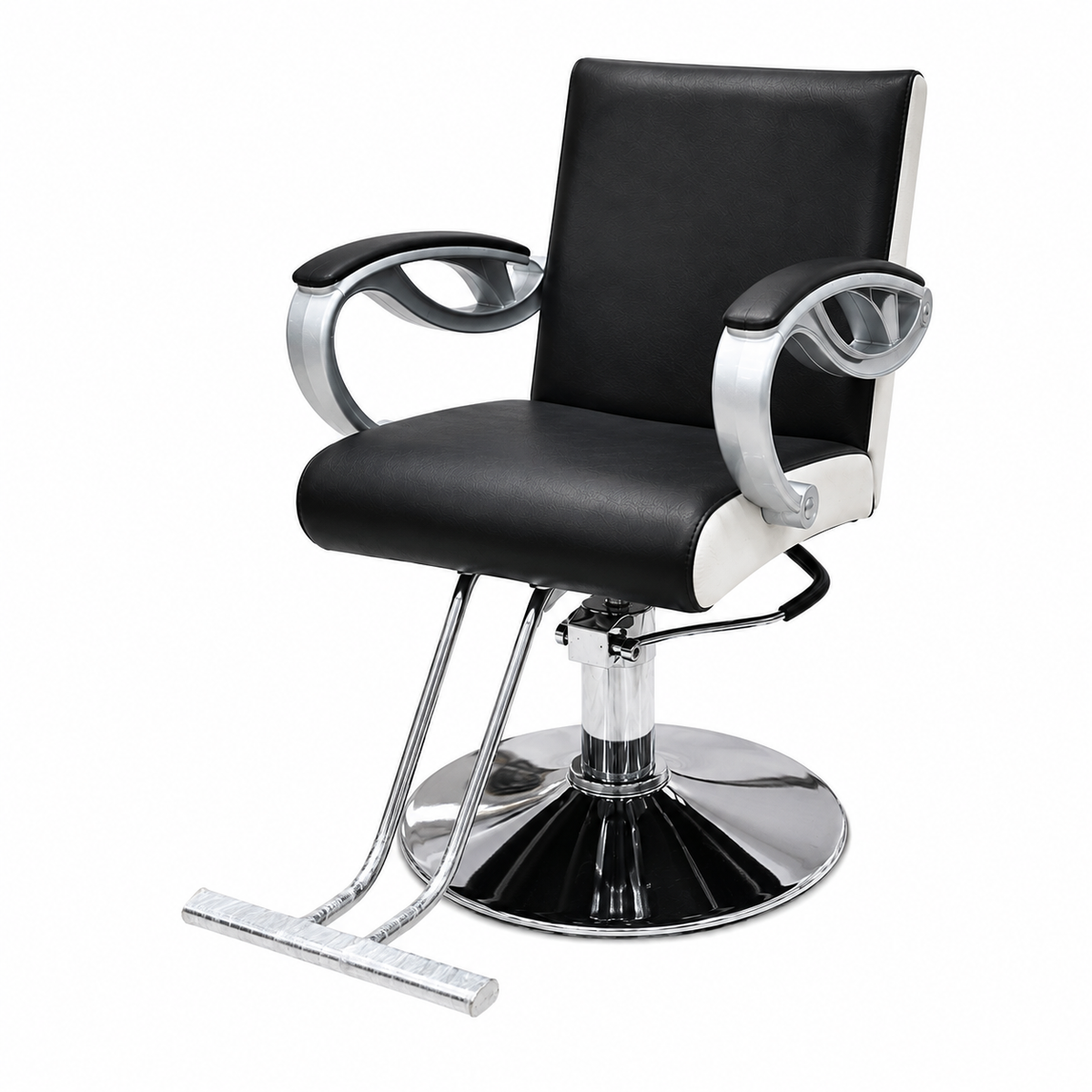 Professional Hydraulic Salon Styling Chair with Curved Chrome Armrests, Heavy-Duty Round Base & Footrest Black | VYBEÂ®