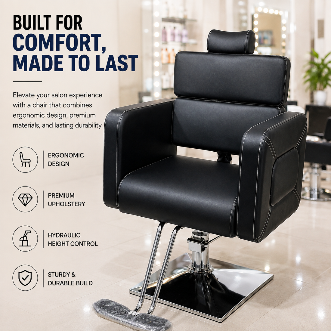 Premium Hydraulic Salon Styling Chair with Adjustable Headrest & Square Base | VYBEÂ®