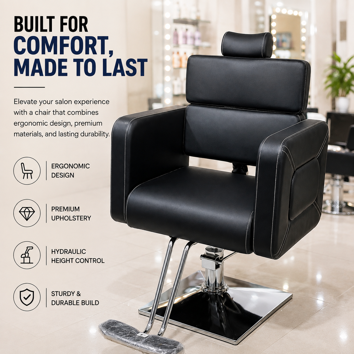 Premium Hydraulic Salon Styling Chair with Adjustable Headrest & Square Base | VYBEÂ®