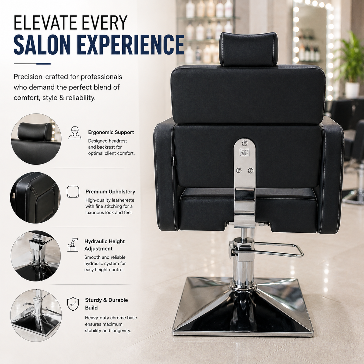 Premium Hydraulic Salon Styling Chair with Adjustable Headrest & Square Base | VYBEÂ®