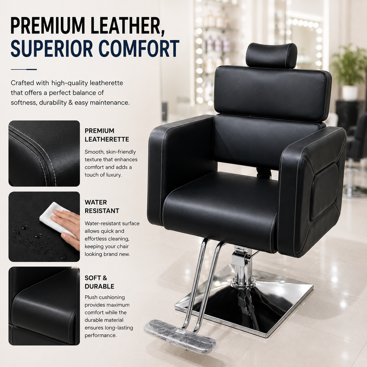 Premium Hydraulic Salon Styling Chair with Adjustable Headrest & Square Base | VYBEÂ®