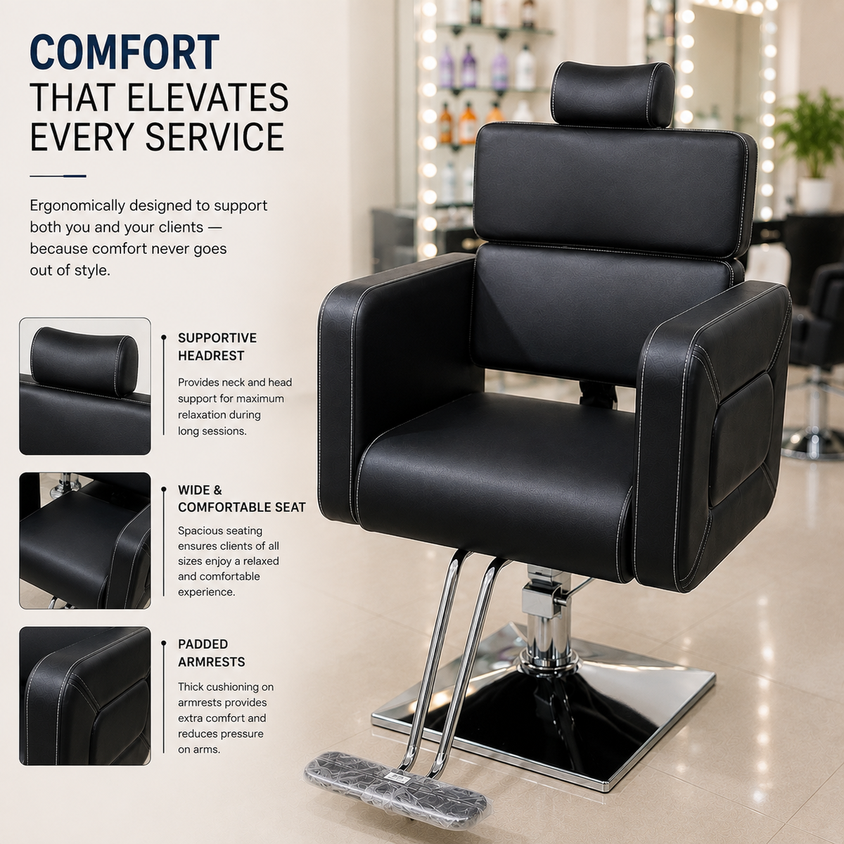 Premium Hydraulic Salon Styling Chair with Adjustable Headrest & Square Base | VYBEÂ®