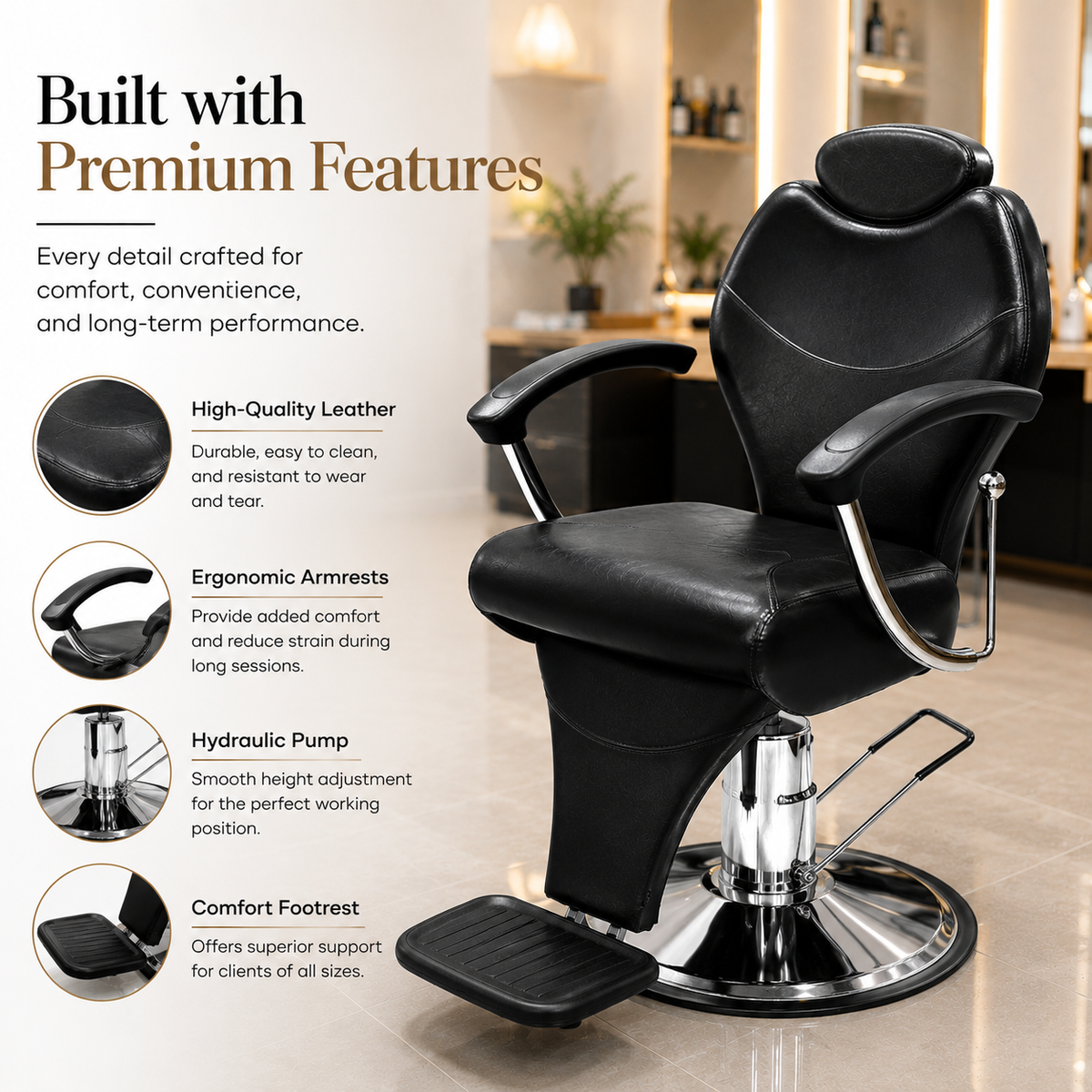 Professional Hydraulic Reclining Salon Styling Chair with Adjustable Headrest & Footrest | VYBEÂ®