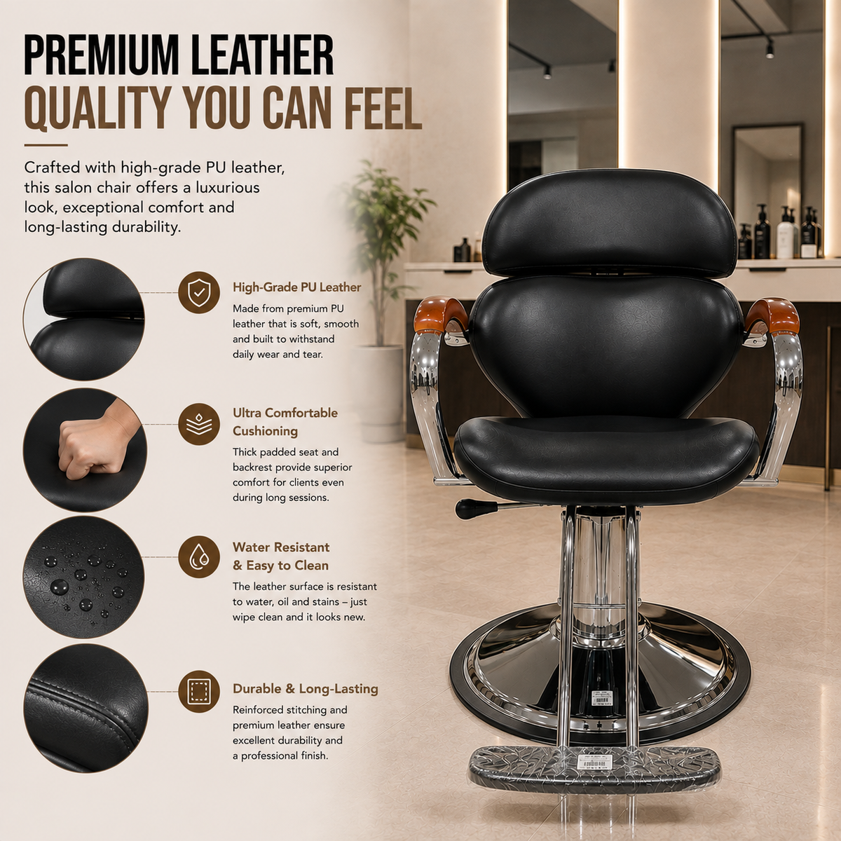 Professional Hydraulic Salon Styling Chair with Premium PU Leather & Heavy Duty Chrome Base | VYBEÂ®