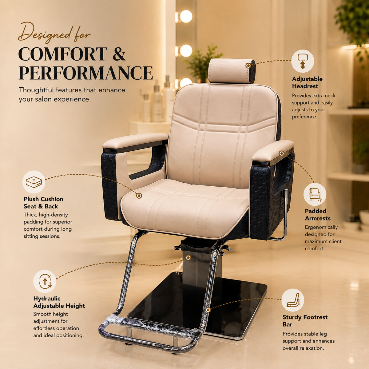 Premium Hydraulic Barber Chair with Adjustable Headrest & Square Base for Salon & Barbershop | VYBEÂ®