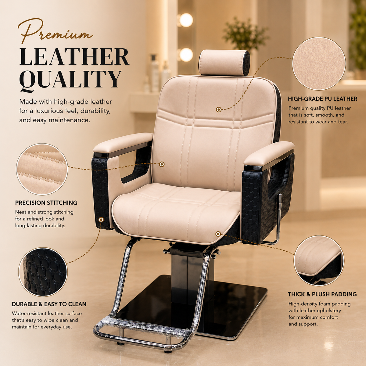 Premium Hydraulic Barber Chair with Adjustable Headrest & Square Base for Salon & Barbershop | VYBEÂ®