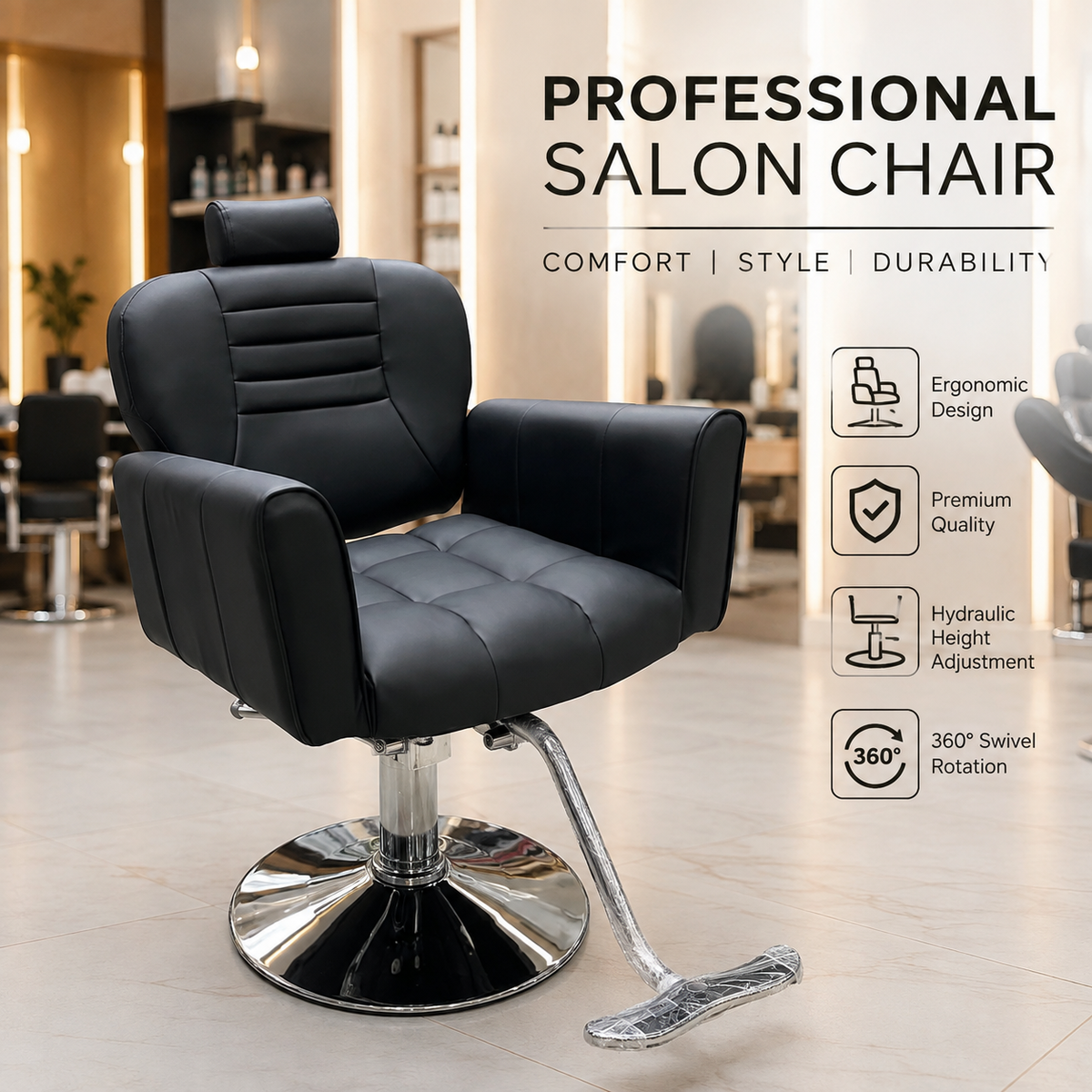 Professional Hydraulic Salon Styling Chair with Adjustable Headrest, 360Â° Swivel & Heavy-Duty Chrome Base | VYBEÂ®