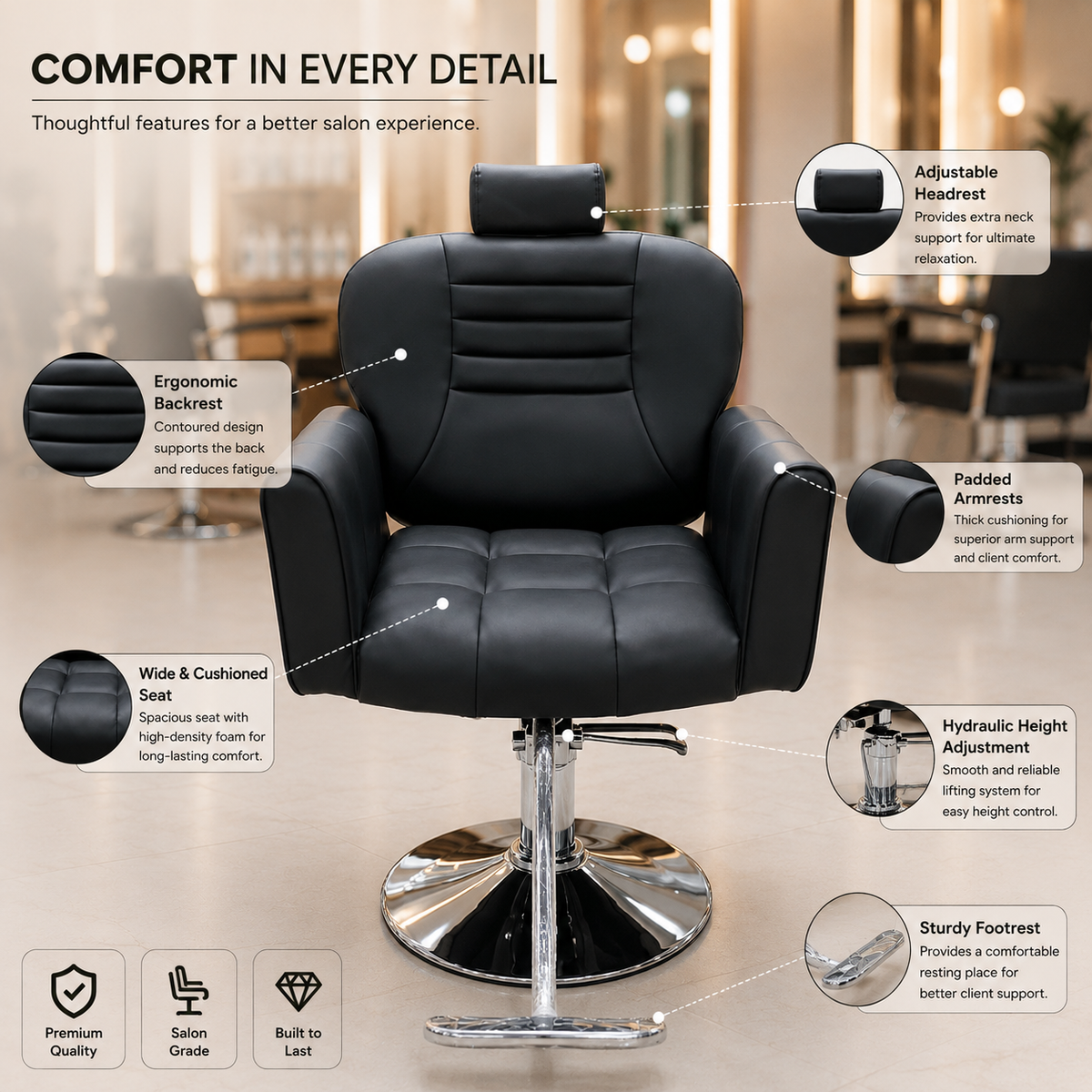 Professional Hydraulic Salon Styling Chair with Adjustable Headrest, 360Â° Swivel & Heavy-Duty Chrome Base | VYBEÂ®