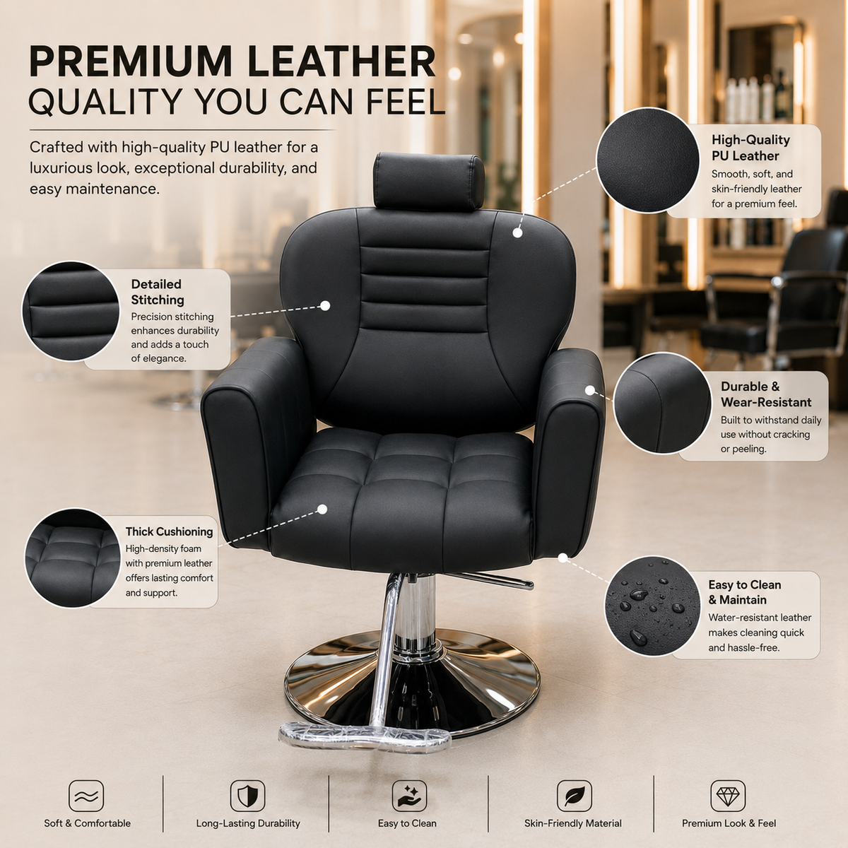 Professional Hydraulic Salon Styling Chair with Adjustable Headrest, 360Â° Swivel & Heavy-Duty Chrome Base | VYBEÂ®
