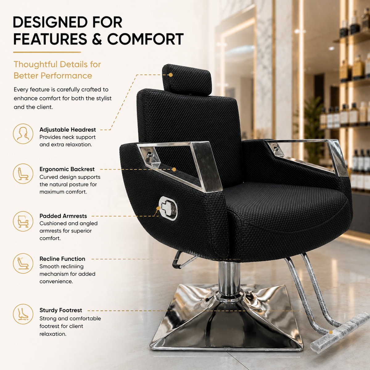Professional Reclining Hydraulic Barber Chair with Adjustable Headrest, Premium PU Leather & Heavy-Duty Square Base | VYBEÂ®