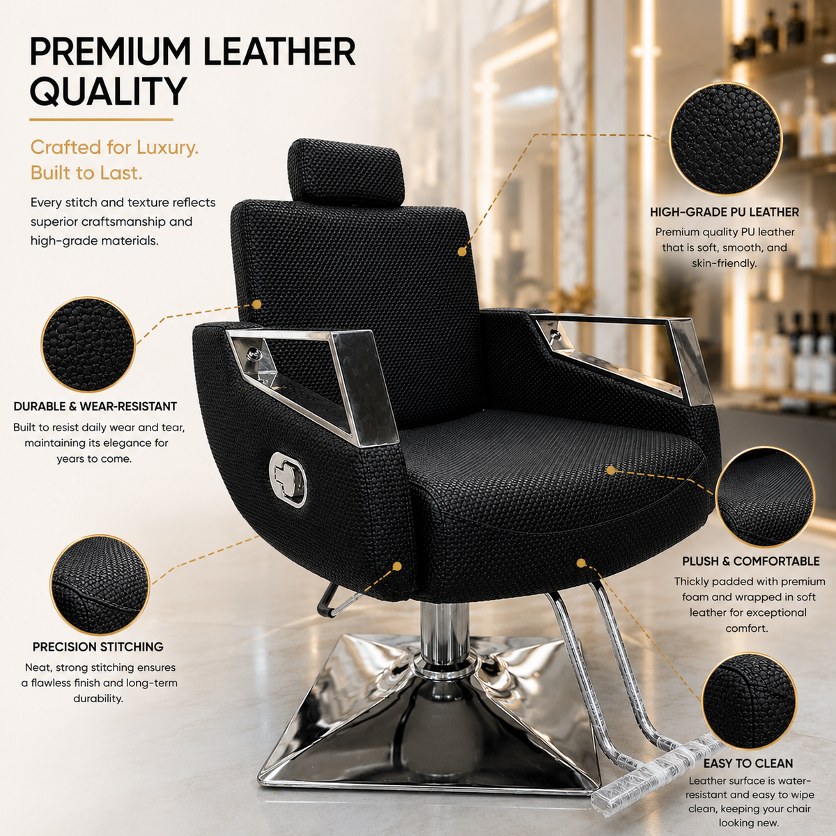 Professional Reclining Hydraulic Barber Chair with Adjustable Headrest, Premium PU Leather & Heavy-Duty Square Base | VYBEÂ®