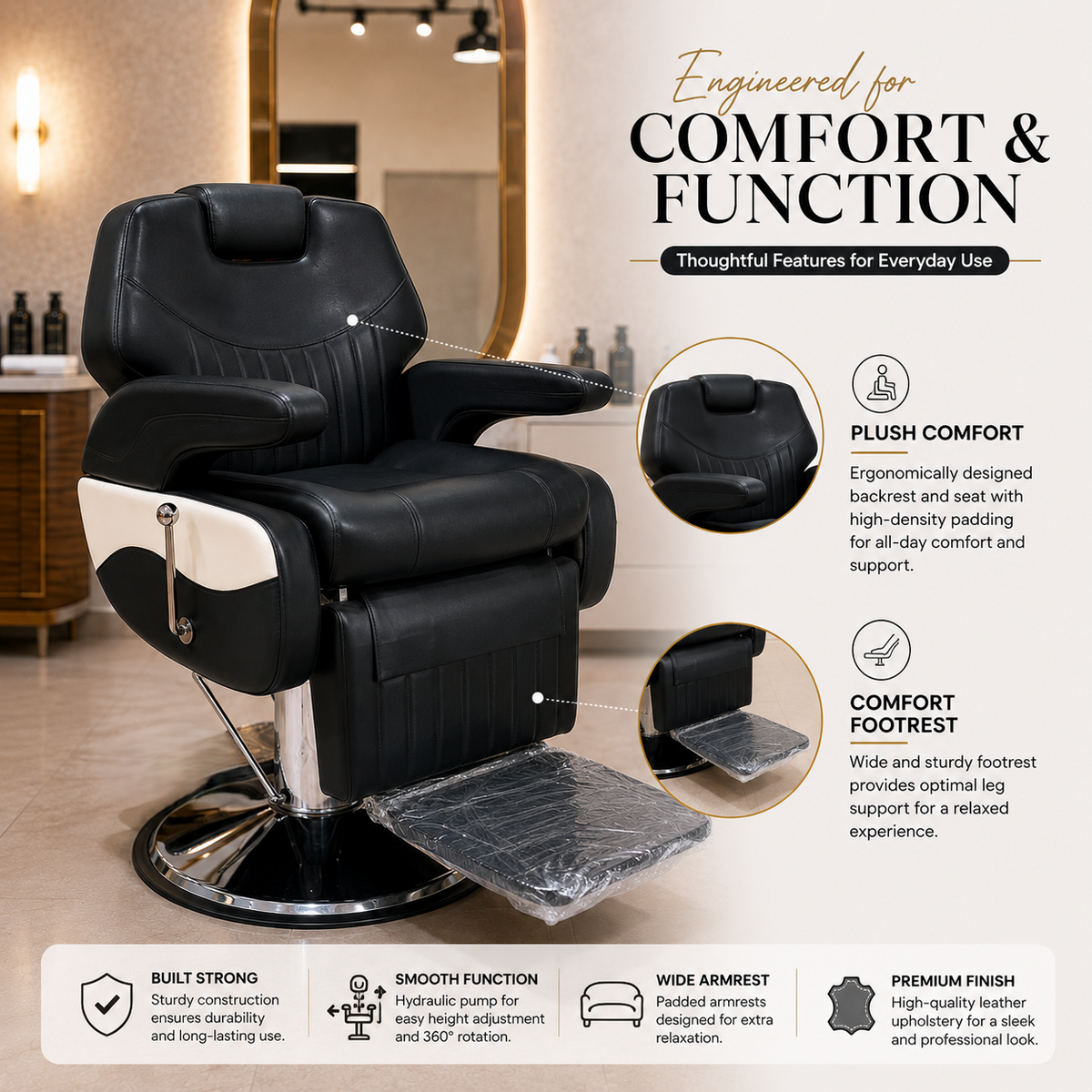 Professional Reclining Hydraulic Barber Chair with Adjustable Headrest, Premium PU Leather & Heavy-Duty Hydraulic Base | VYBEÂ®