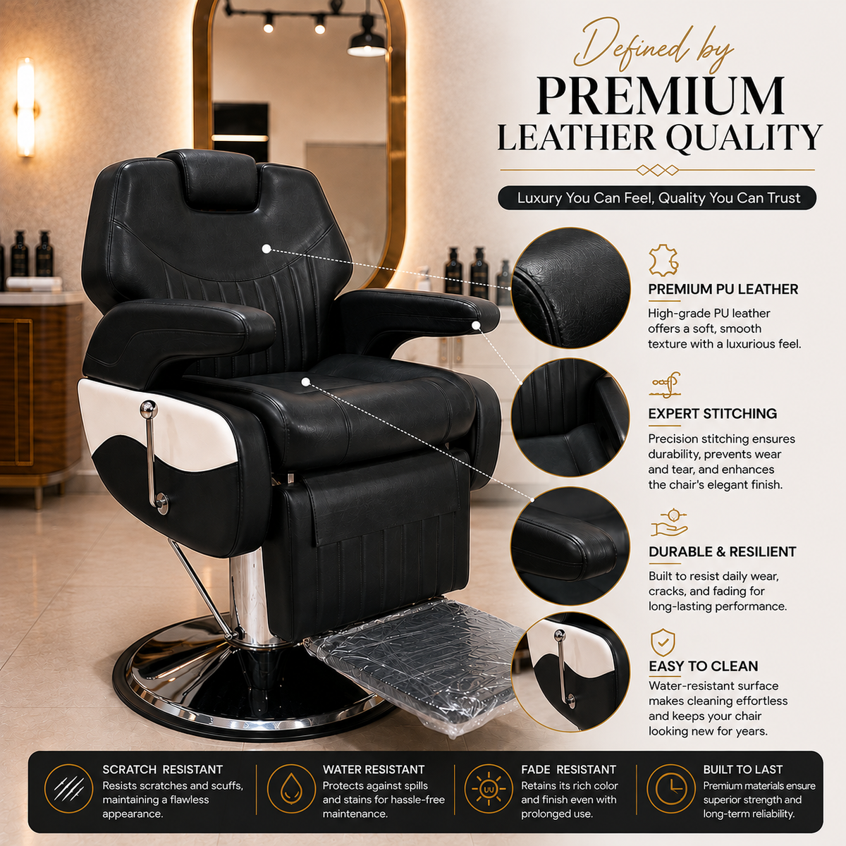 Professional Reclining Hydraulic Barber Chair with Adjustable Headrest, Premium PU Leather & Heavy-Duty Hydraulic Base | VYBEÂ®